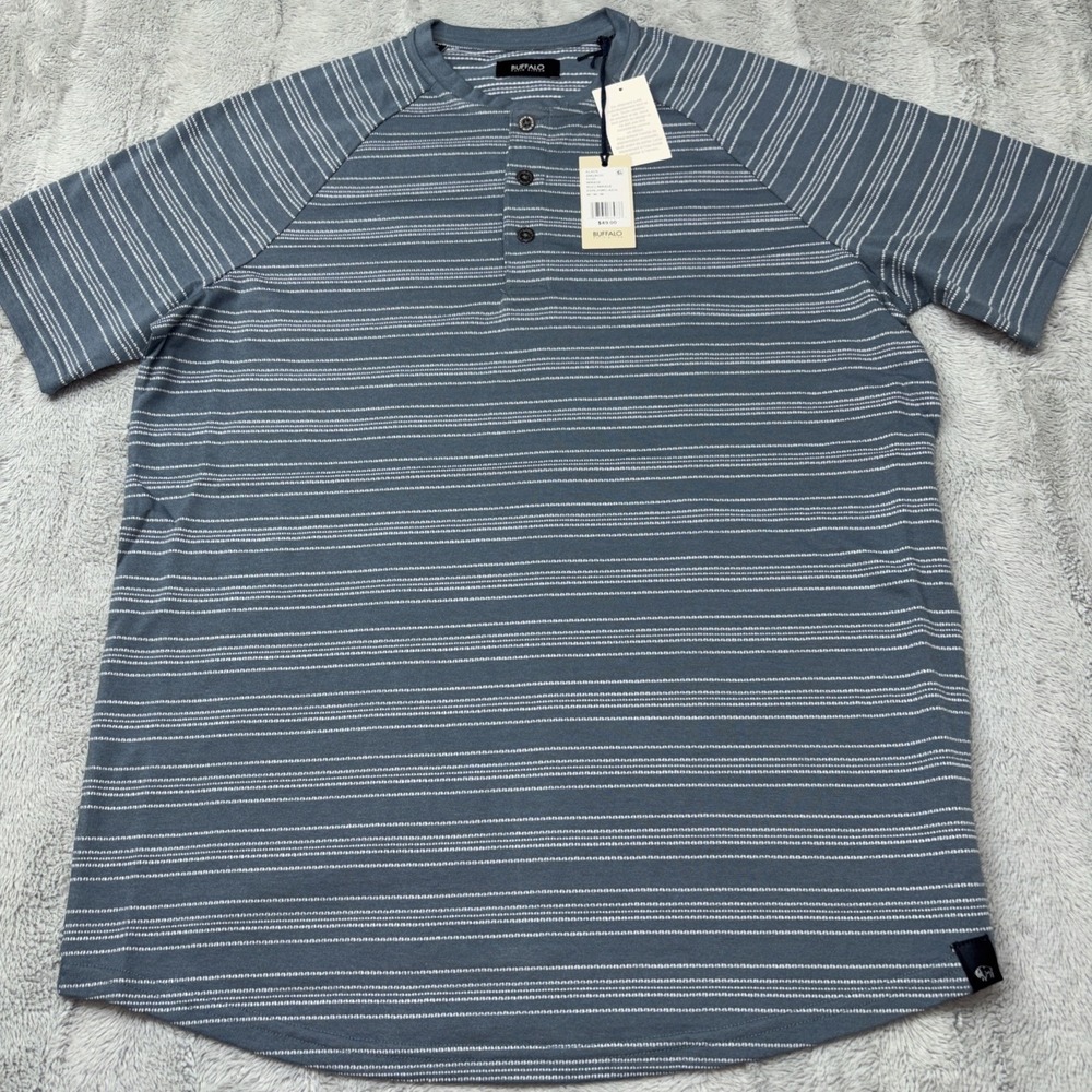 Buffalo David Bitton Men's Klaus Short-Sleeve Striped Henley in Mirage blue Med